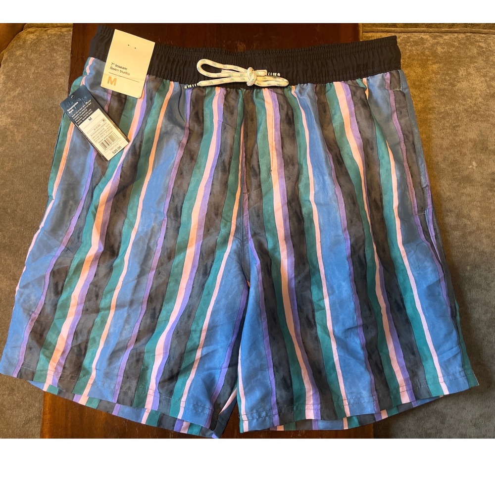 Original Use Mens 7 Inch Inseam Swim Trunks Blue Striped Board Shorts Med NWT